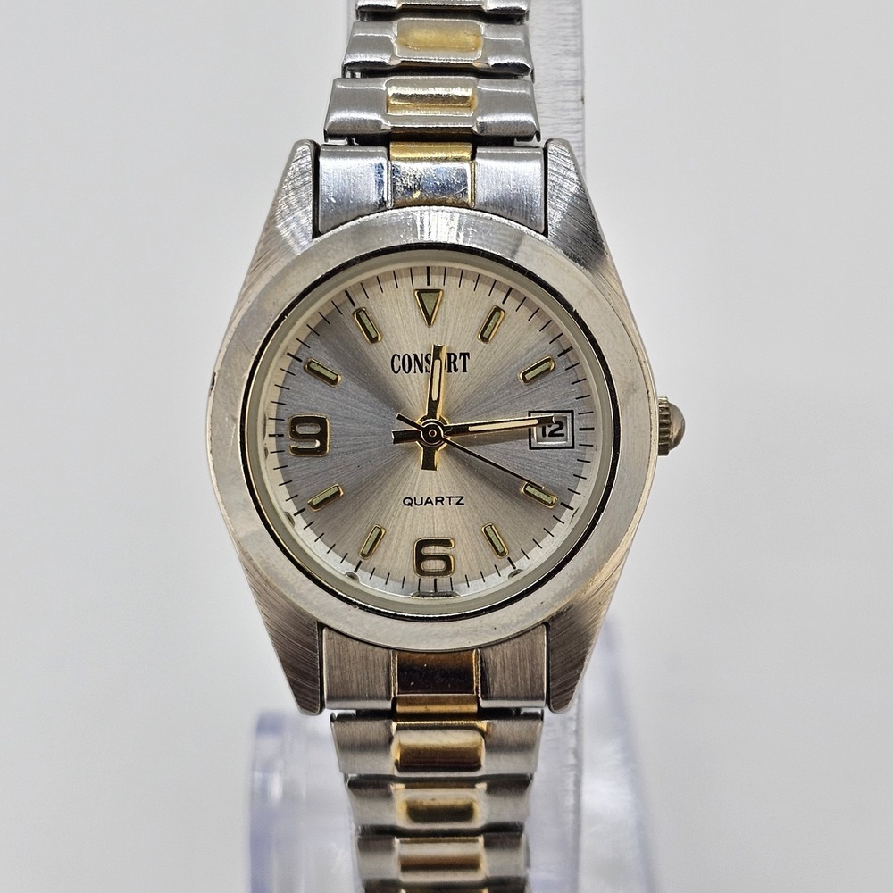 Consort Women Watch 26MM Gray Dial Two Tone Expandable Band 5.75' NEW Battery